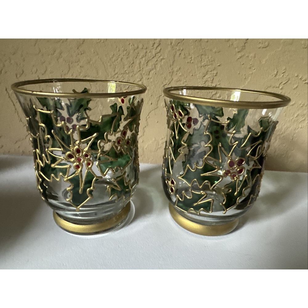 Fifth Avenue Crystal Votives Set of 2 Holly Berry Christmas Decor 4.5 Inches